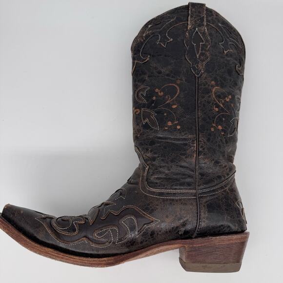 Pecos Bill Women Boot Size 8 Dark Mocha Inlay Distressed Leather Cowgirl Western - Picture 8 of 14